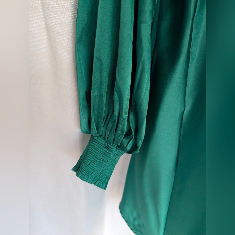 Emerald Green High Shine High tie neck Long Sleeve Flowing Aura Dress - Picture 11 of 16